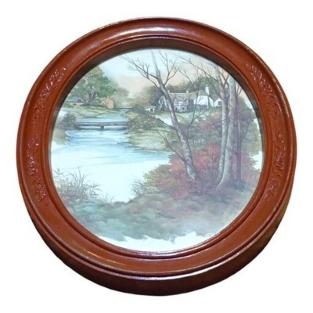 VTG 1983 Homco Painted Oval Framed Frank Massa Watercolor Lake Cottage 11"×9"